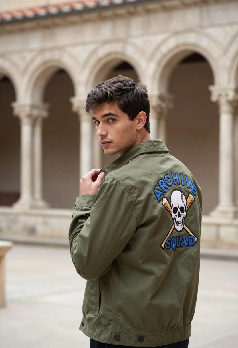 Young man in olive jacket looking back over shoulder in stone cloister - AI generated image prompt sample