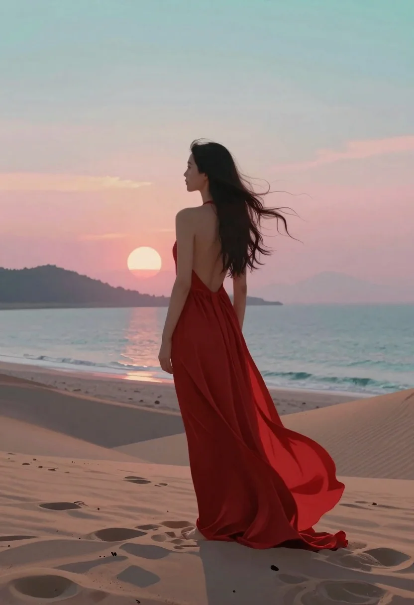 Woman in red gown on surreal beach at sunset - AI generated image prompt sample