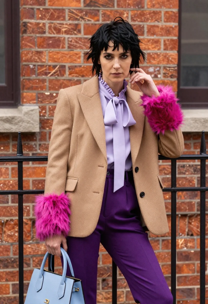 Fashion model leaning against red brick wall wearing magenta fur blazer - AI generated image prompt sample