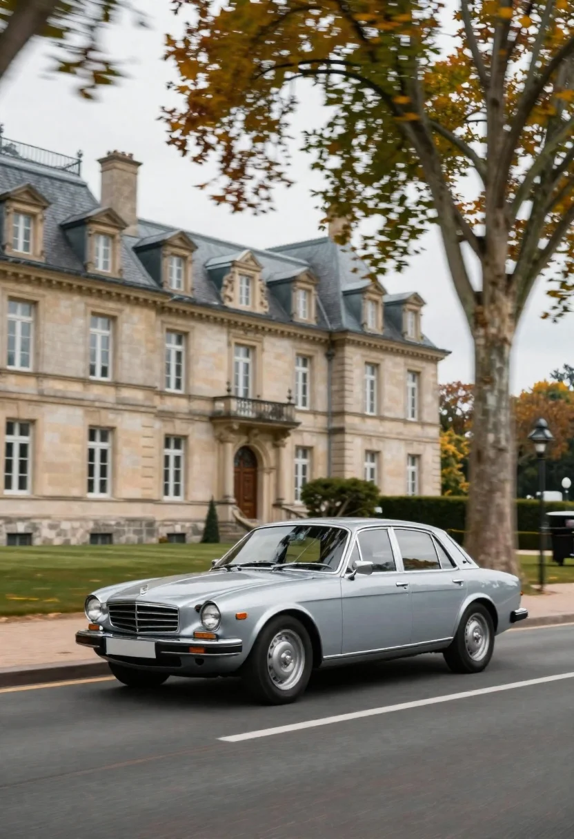 Vintage sedan cruising past french chateau with autumn leaves - AI generated image prompt sample