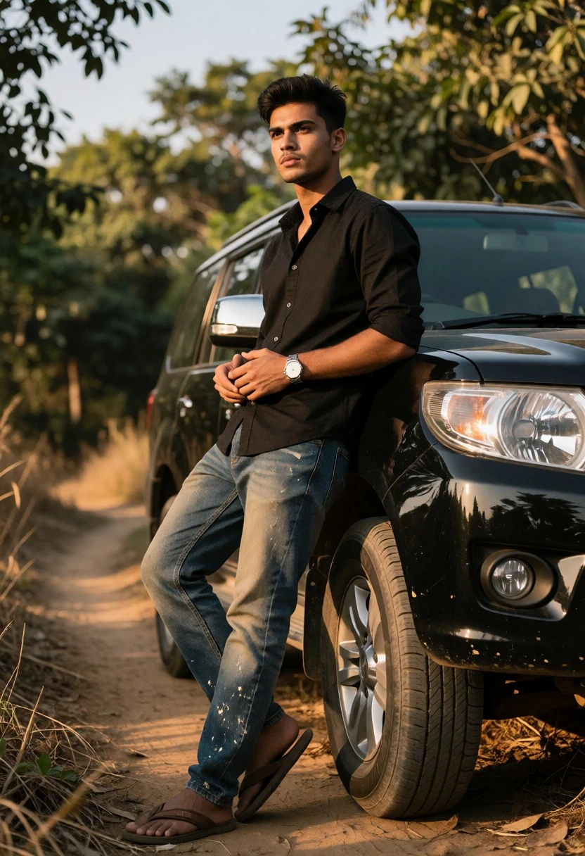Young man leaning against black suv on dirt road under golden sunlight - AI generated image prompt sample