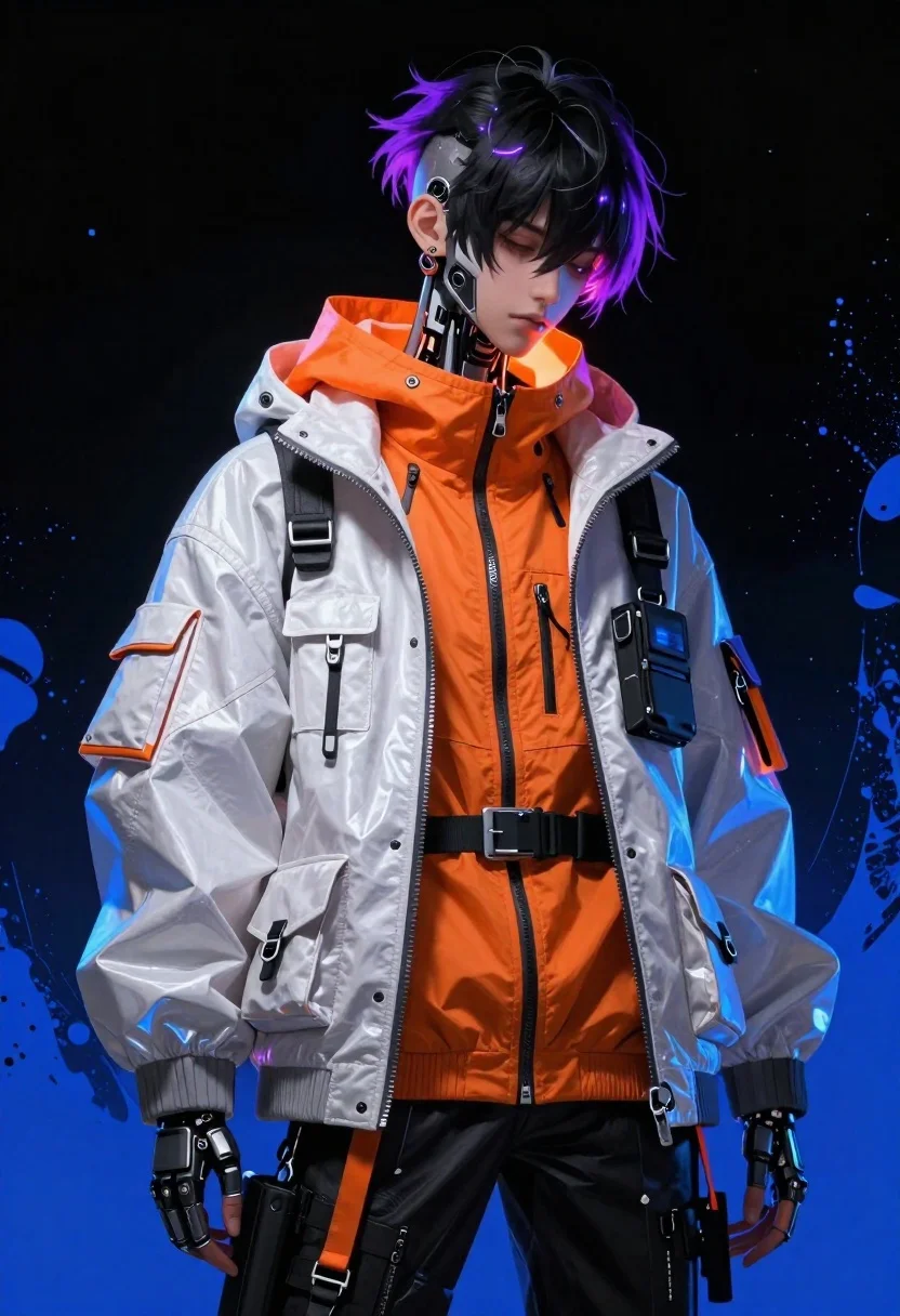 Cybernetic youth portrait with glowing purple highlights