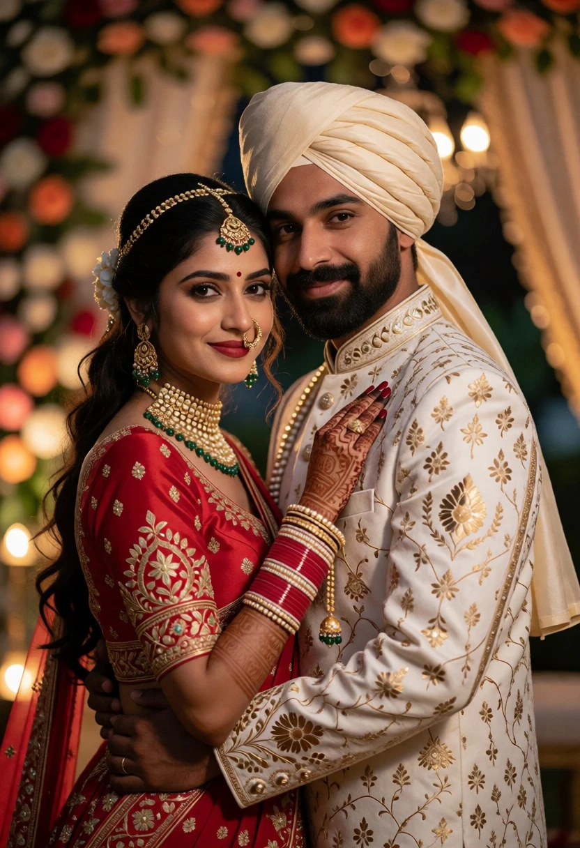 Romantic portrait of indian wedding couple embracing in traditional attire - AI generated image prompt sample