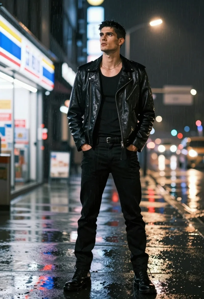Tall man in black leather jacket standing on wet city street at - AI generated image prompt sample