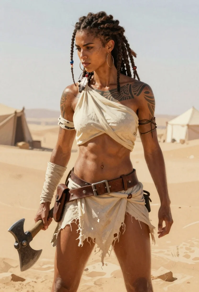Muscular warrior woman in arid sunlit desert landscape
