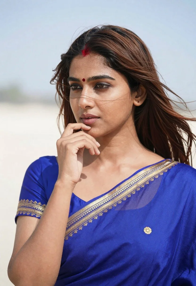 Close up portrait of young woman in blue saree outdoors