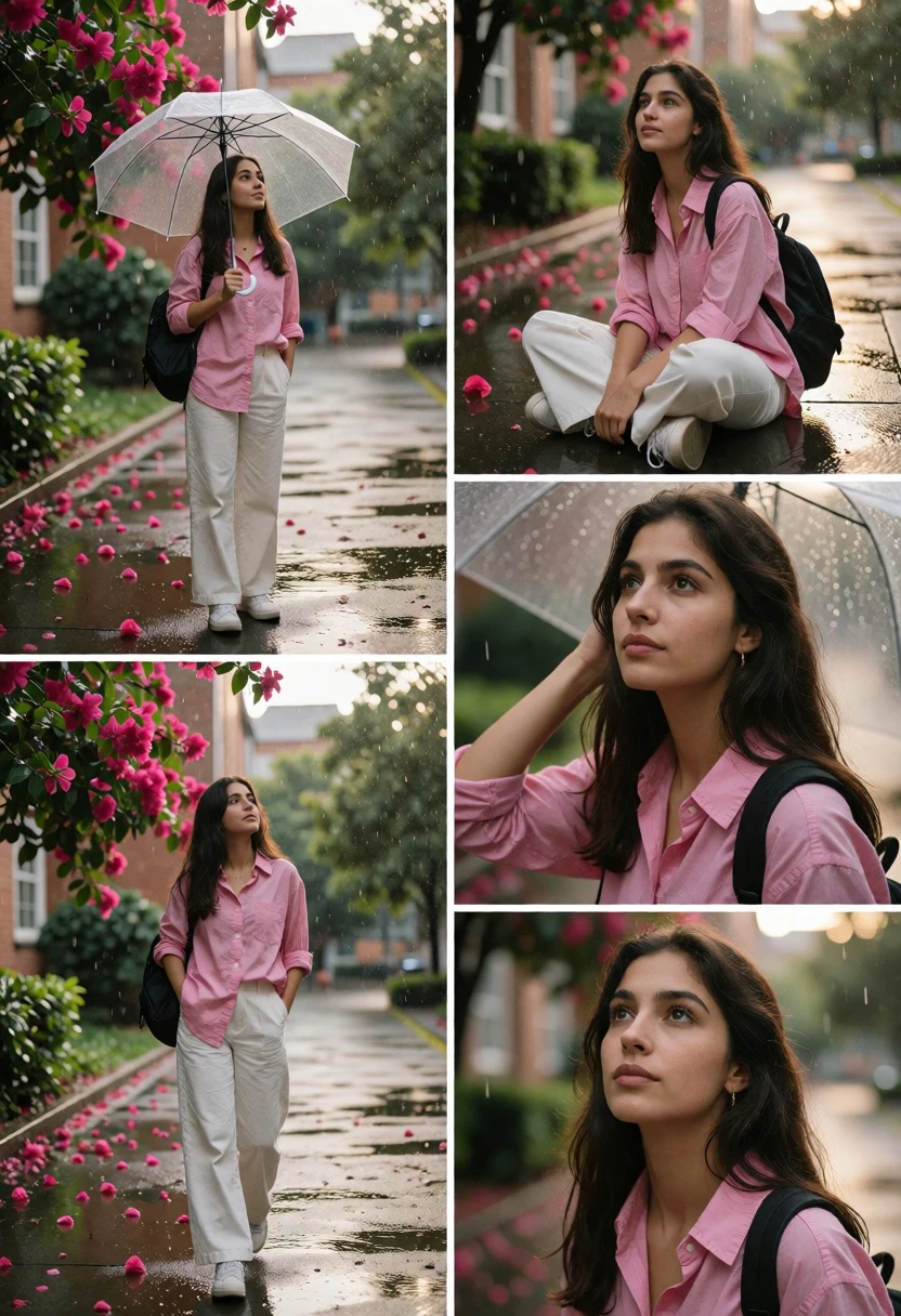 Collage of candid photos of woman in rain on wet campus pathway - AI generated image prompt sample