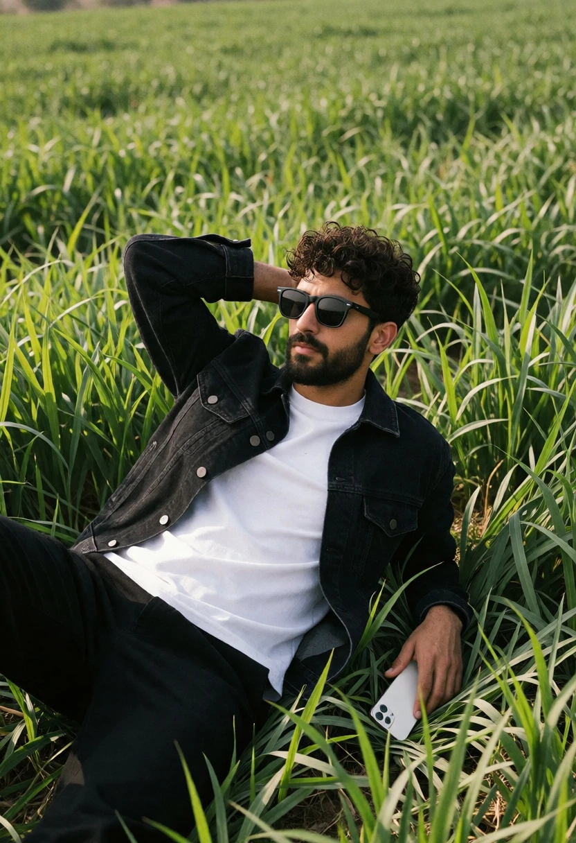 Man lying in tall vibrant green grass wearing black denim jacket - AI generated image prompt sample