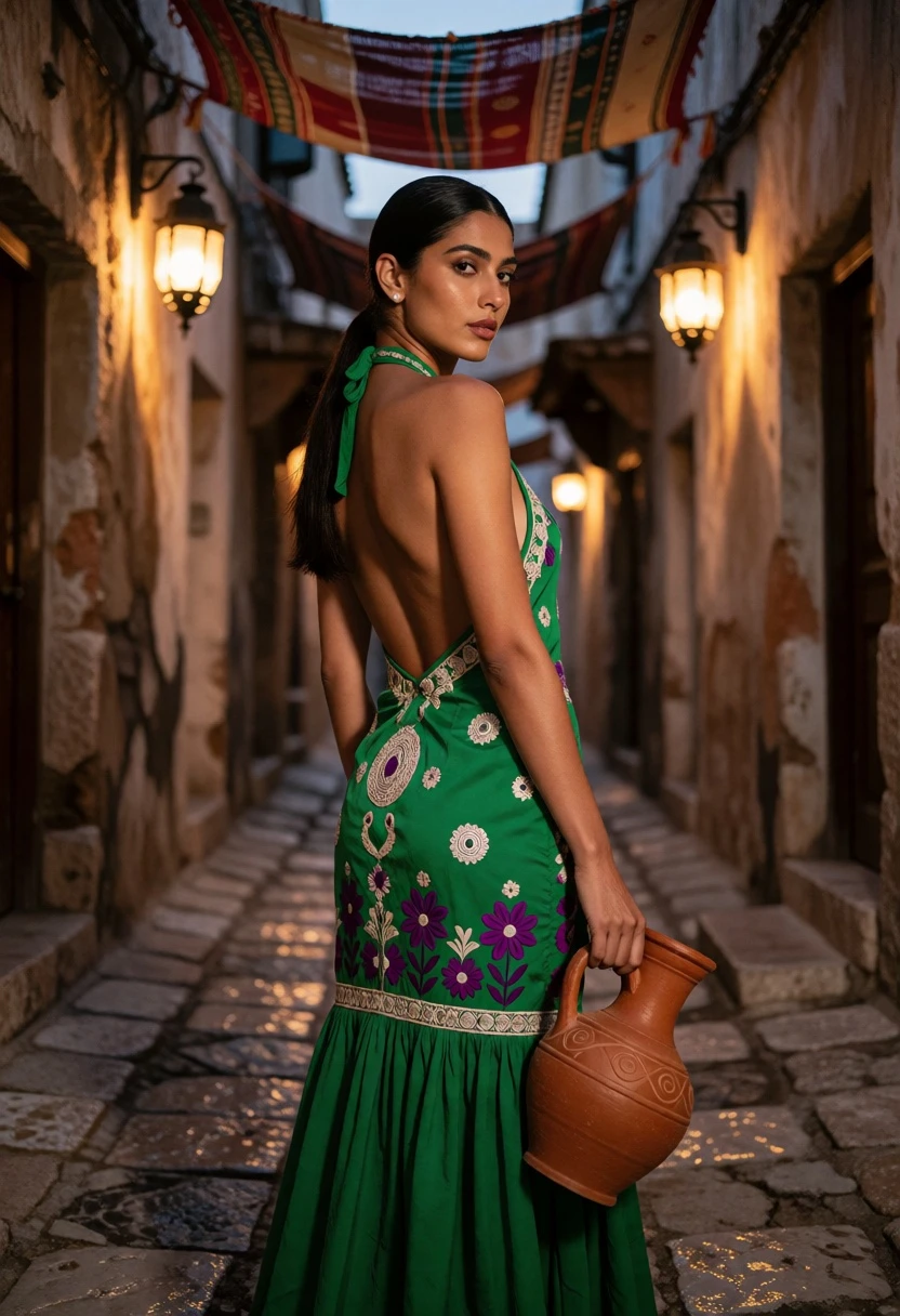 Woman in green backless dress looking over shoulder in narrow stone alleyway - AI generated image prompt sample