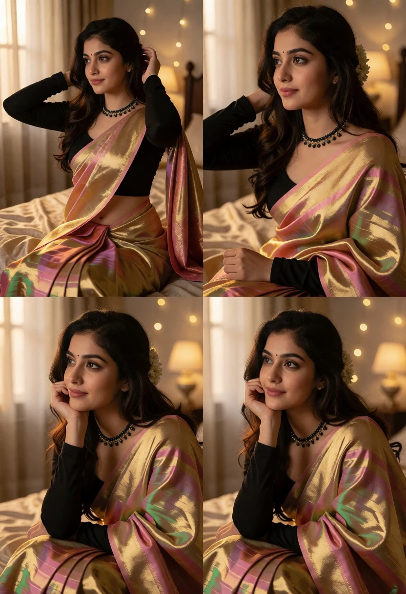 Collage of four elegant portraits featuring woman in gold pink saree - AI generated image prompt sample