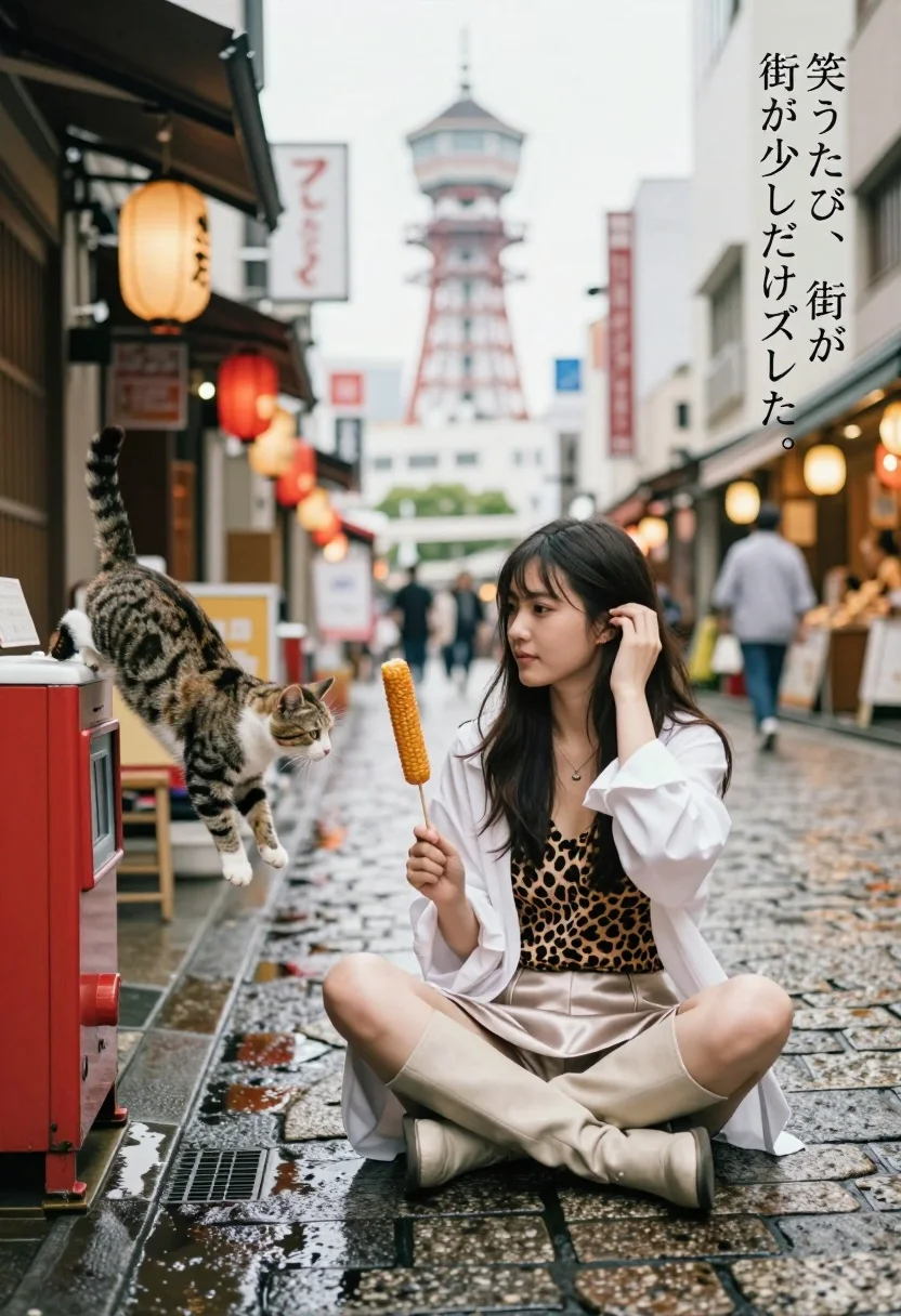 Young woman on wet japanese street watching cat near dotonbori tower - AI generated image prompt sample