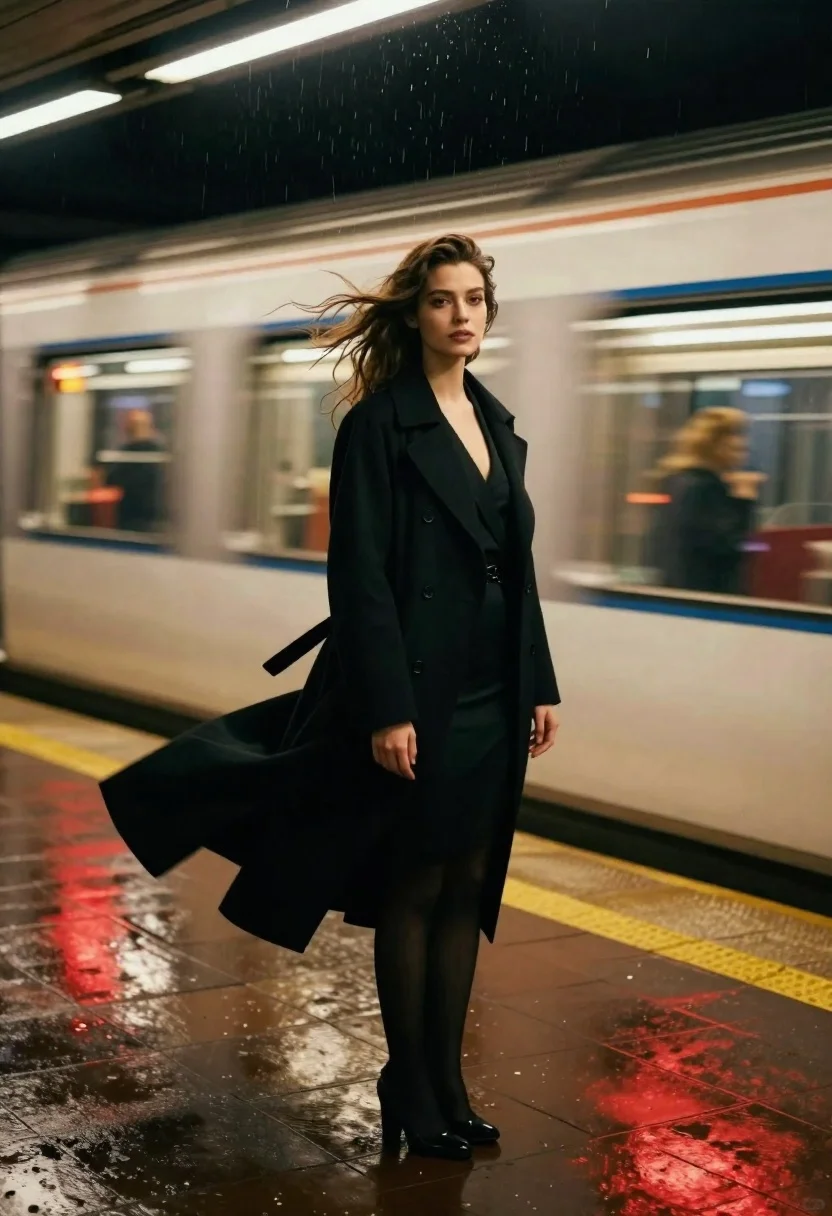 Woman in black coat standing on wet subway platform as train passes - AI generated image prompt sample