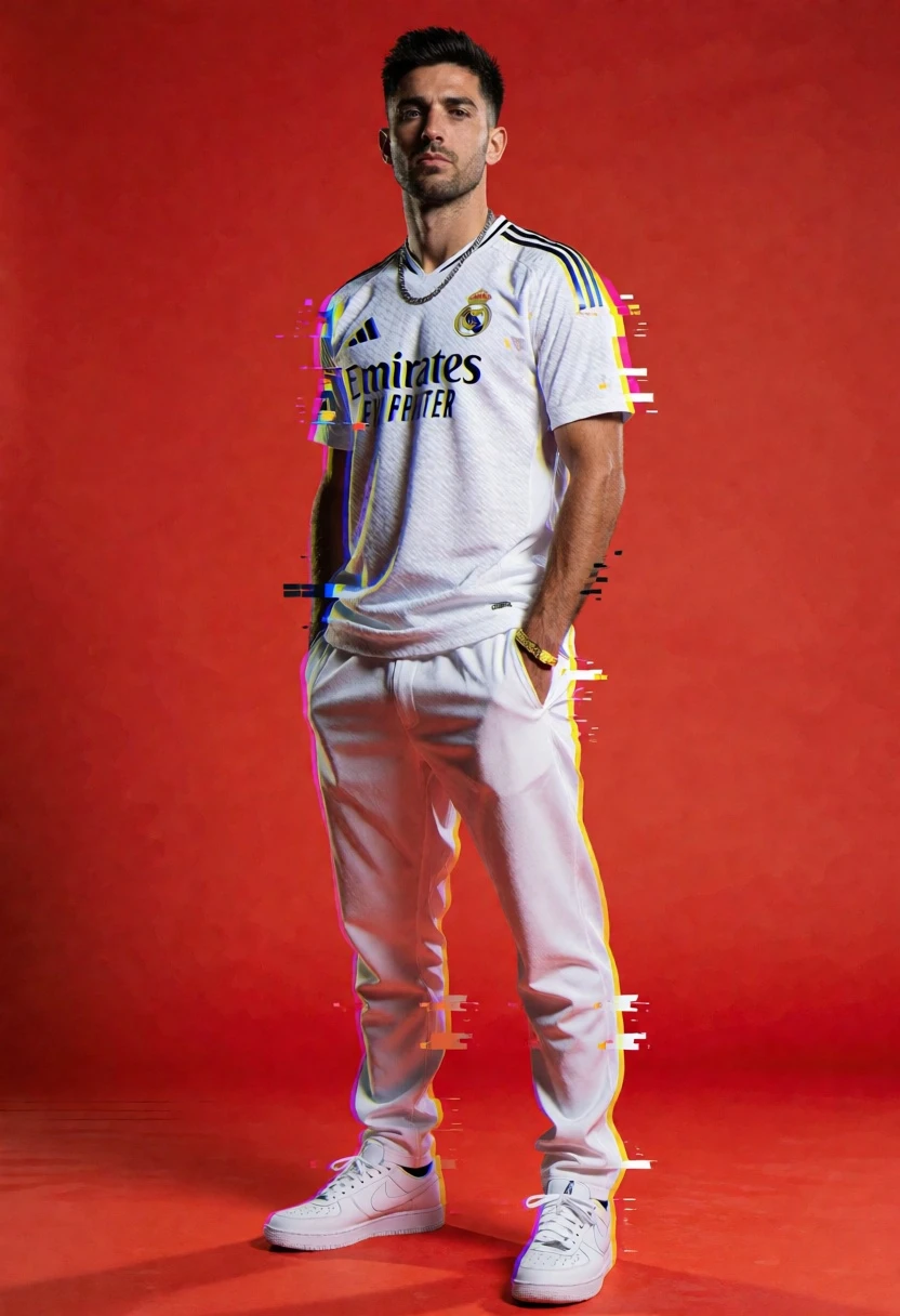 Full body shot of football player in white kit against solid red - AI generated image prompt sample