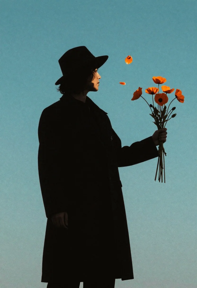 Silhouette holding poppies against a teal background