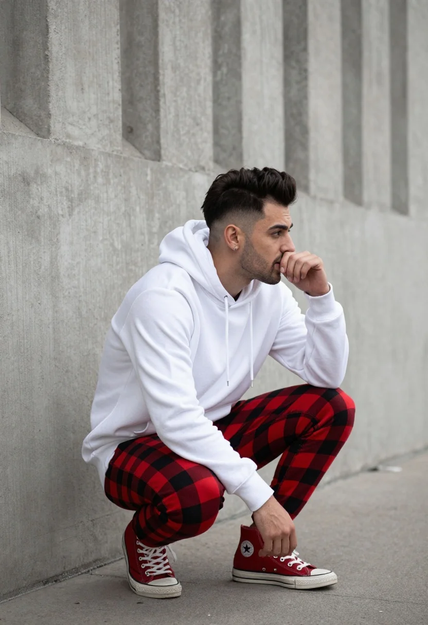 Man crouching against concrete wall wearing hoodie and checkered pants - AI generated image prompt sample