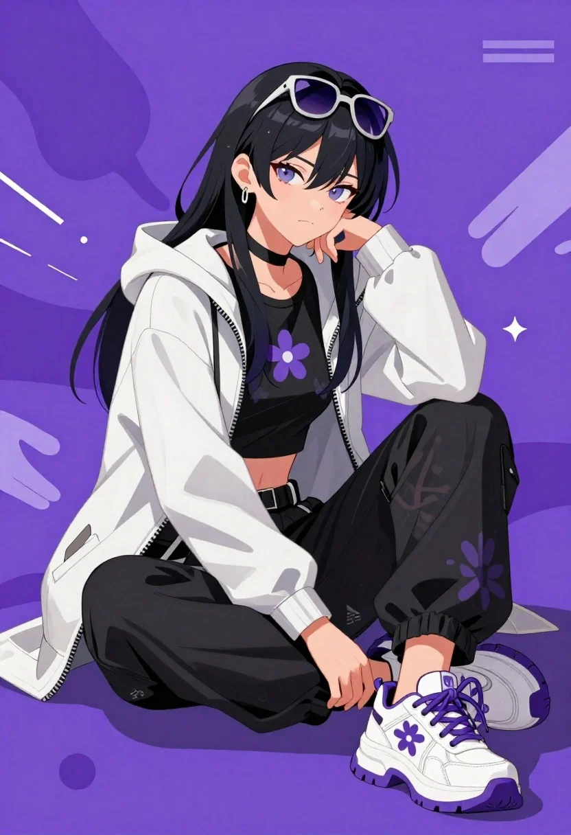 Confident anime woman with sunglasses in white jacket sitting against purple background - AI generated image prompt sample