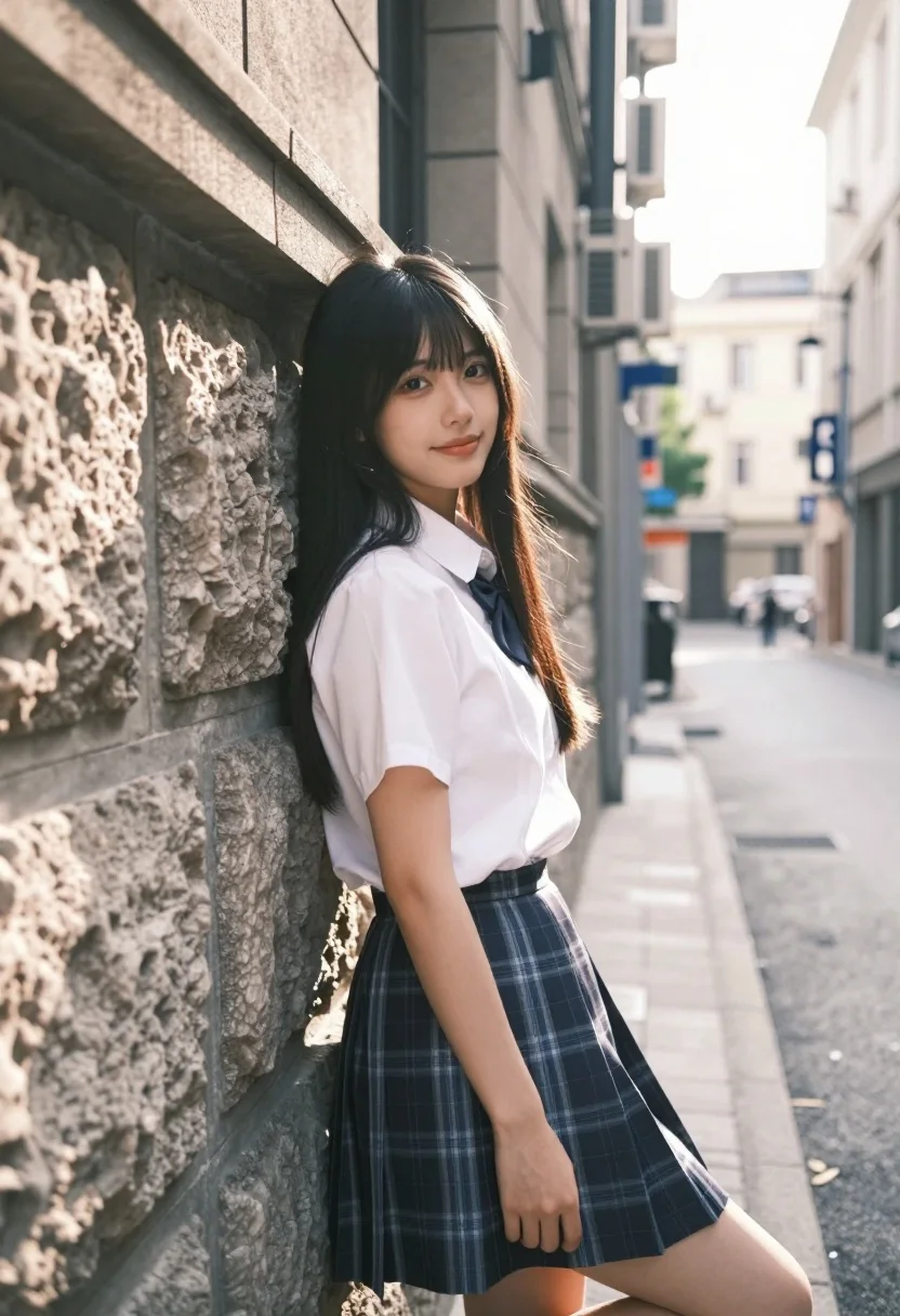 Young woman in white shirt leaning against stone wall in urban alleyway - AI generated image prompt sample