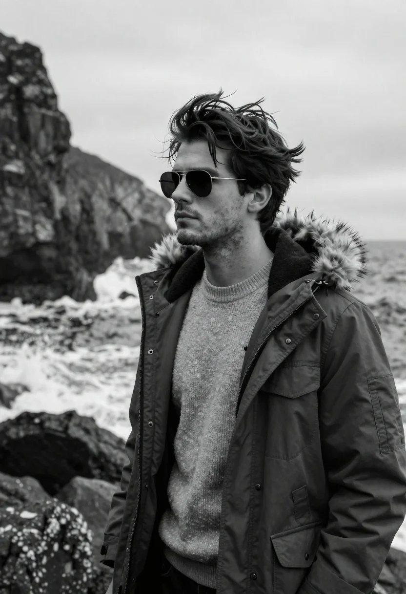 Monochrome portrait of a rugged man in parka on rocky coastline - AI generated image prompt sample