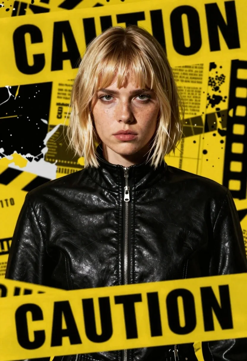 High contrast portrait of blonde woman in black leather jacket against yellow - AI generated image prompt sample
