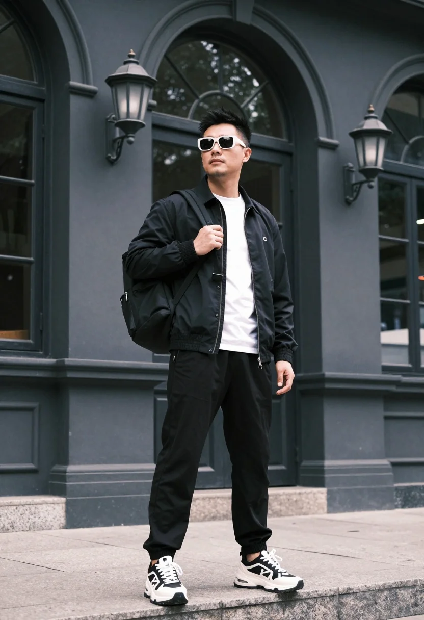 Man standing on stone steps before dark building with arched windows - AI generated image prompt sample