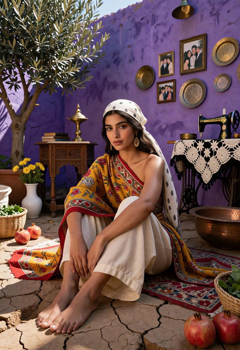 Woman seated on cracked earth against vibrant purple wall courtyard setting - AI generated image prompt sample