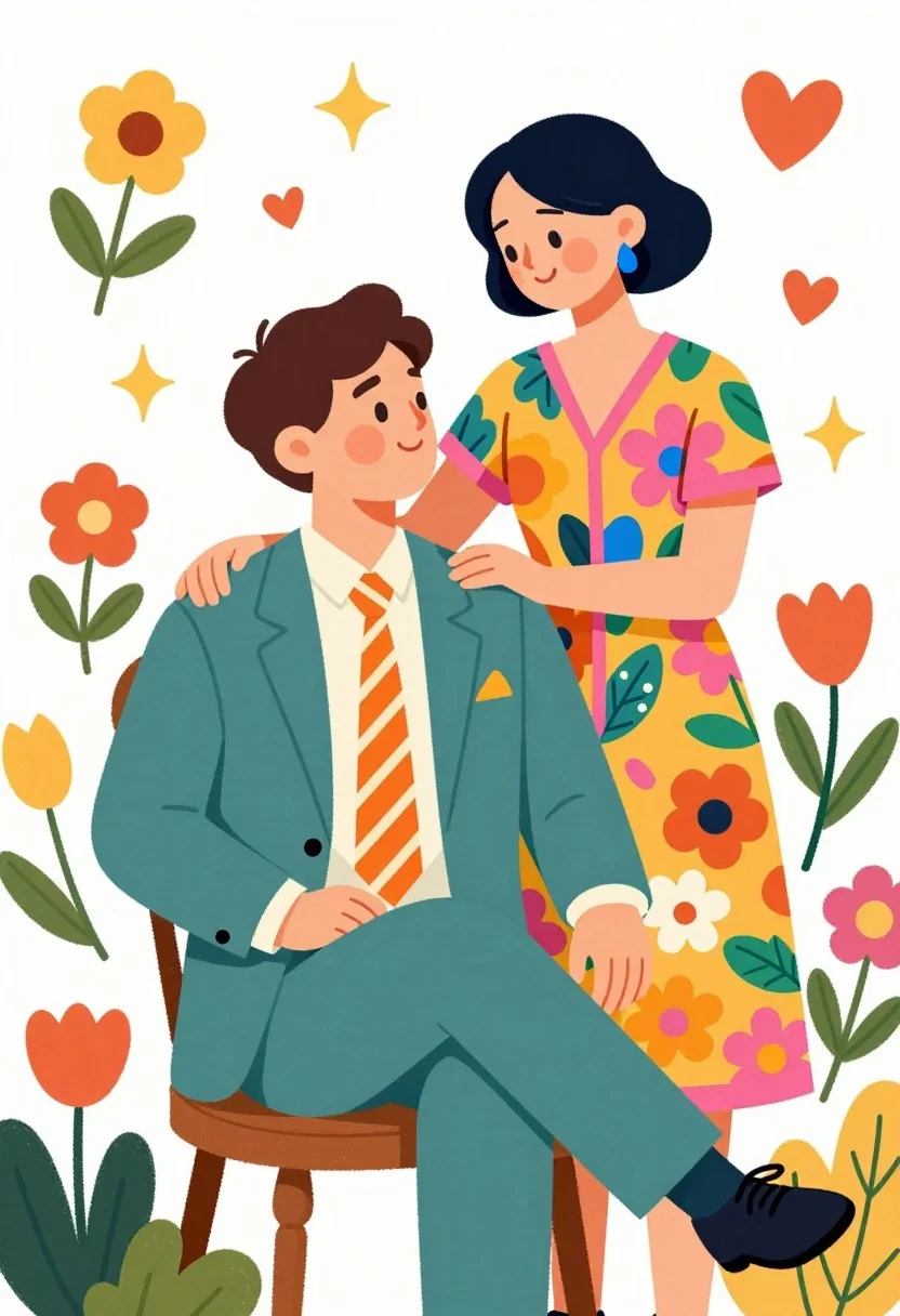 Illustration of loving couple in vibrant floral setting with patterned clothing - AI generated image prompt sample