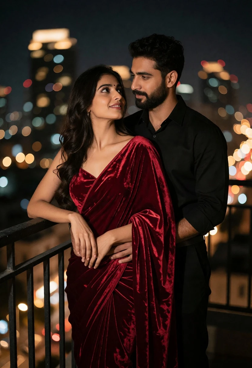 Romantic couple on balcony overlooking glowing city skyline at night - AI generated image prompt sample