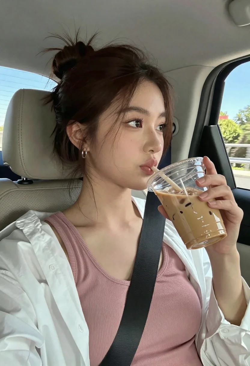 Young woman drinking iced coffee in car passenger seat - AI generated image prompt sample