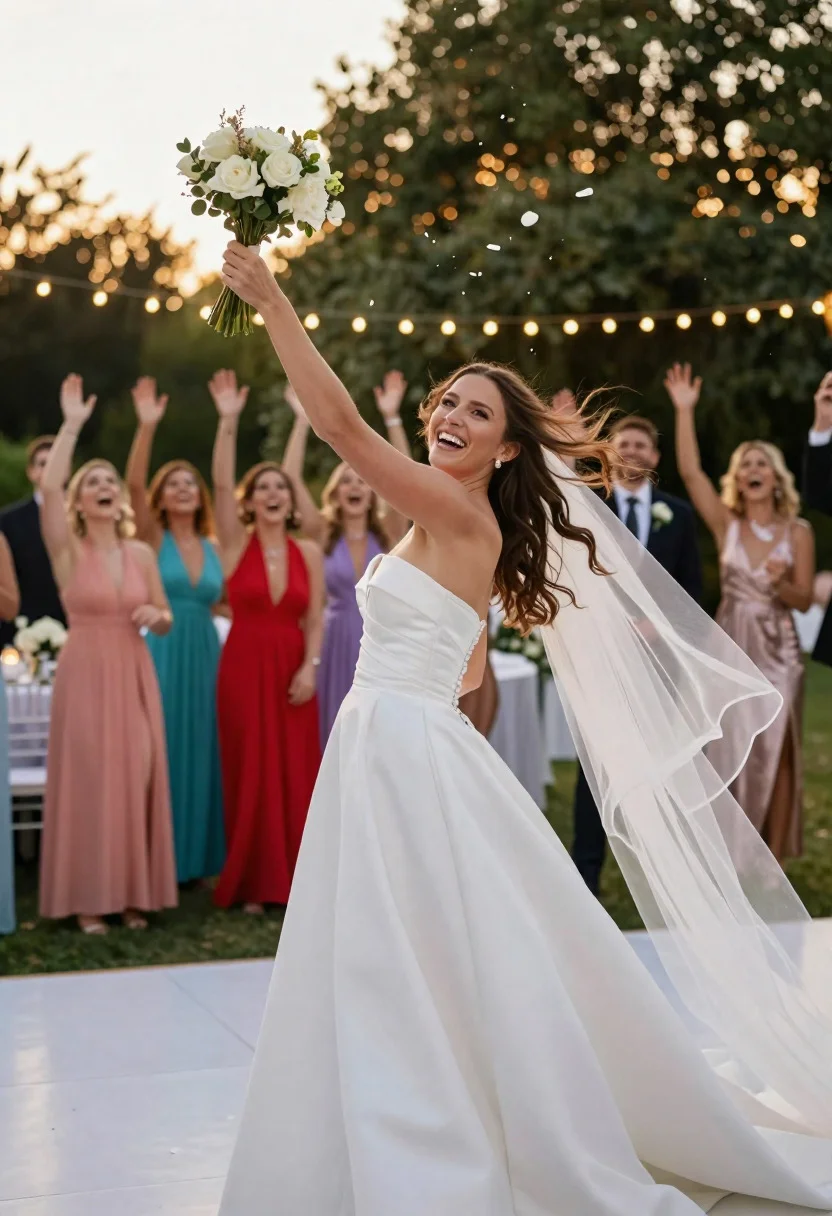 Joyful bride tossing white bouquet over shoulder at outdoor reception