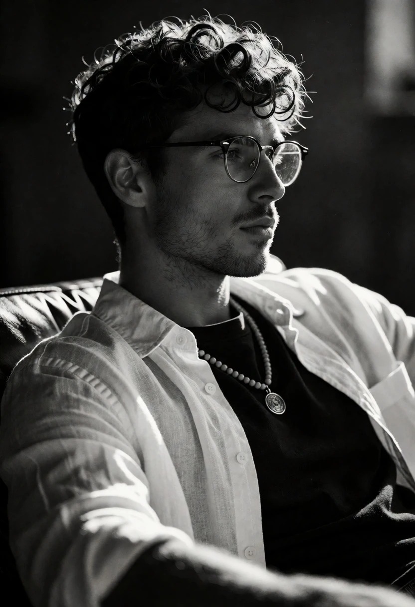 Black and white portrait of man in profile with rim light and - AI generated image prompt sample