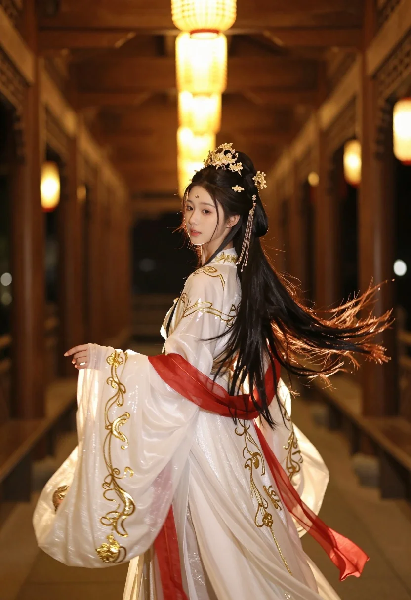 Young woman in white hanfu gown looking back through wooden corridor - AI generated image prompt sample