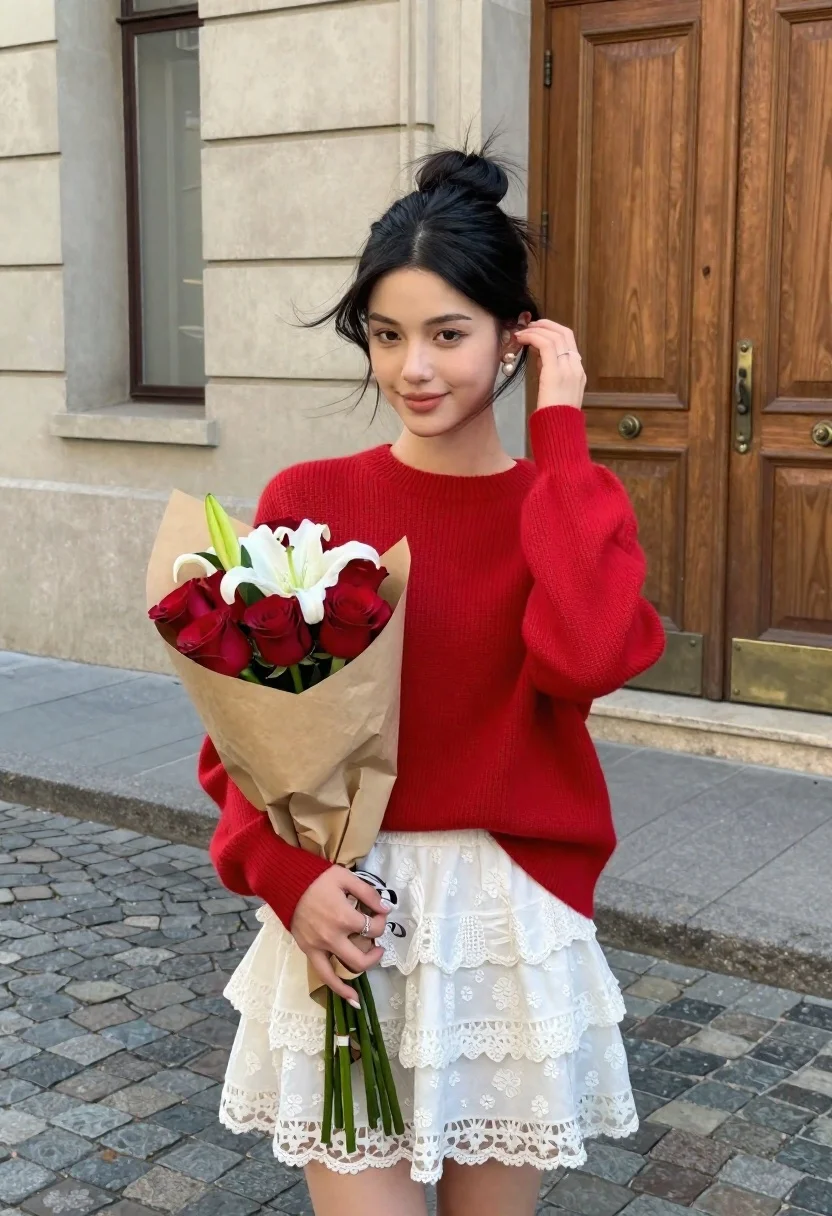 Young woman in red sweater holding roses on a cobblestone street - AI generated image prompt sample