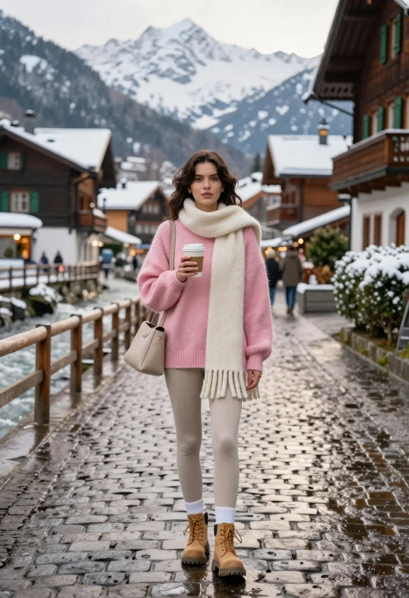 Young woman in pink sweater standing on wet cobblestone street in alpine - AI generated image prompt sample