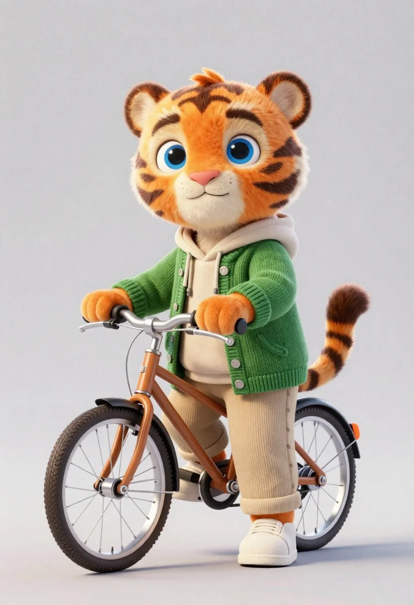 3d render of cute tiger cub with bicycle in studio