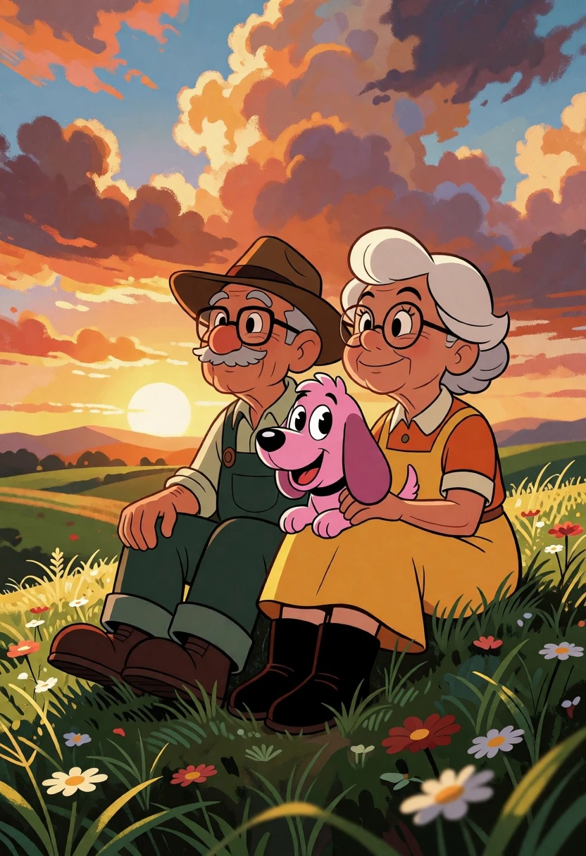Elderly couple with pink cartoon dog on grassy hill at sunset - AI generated image prompt sample