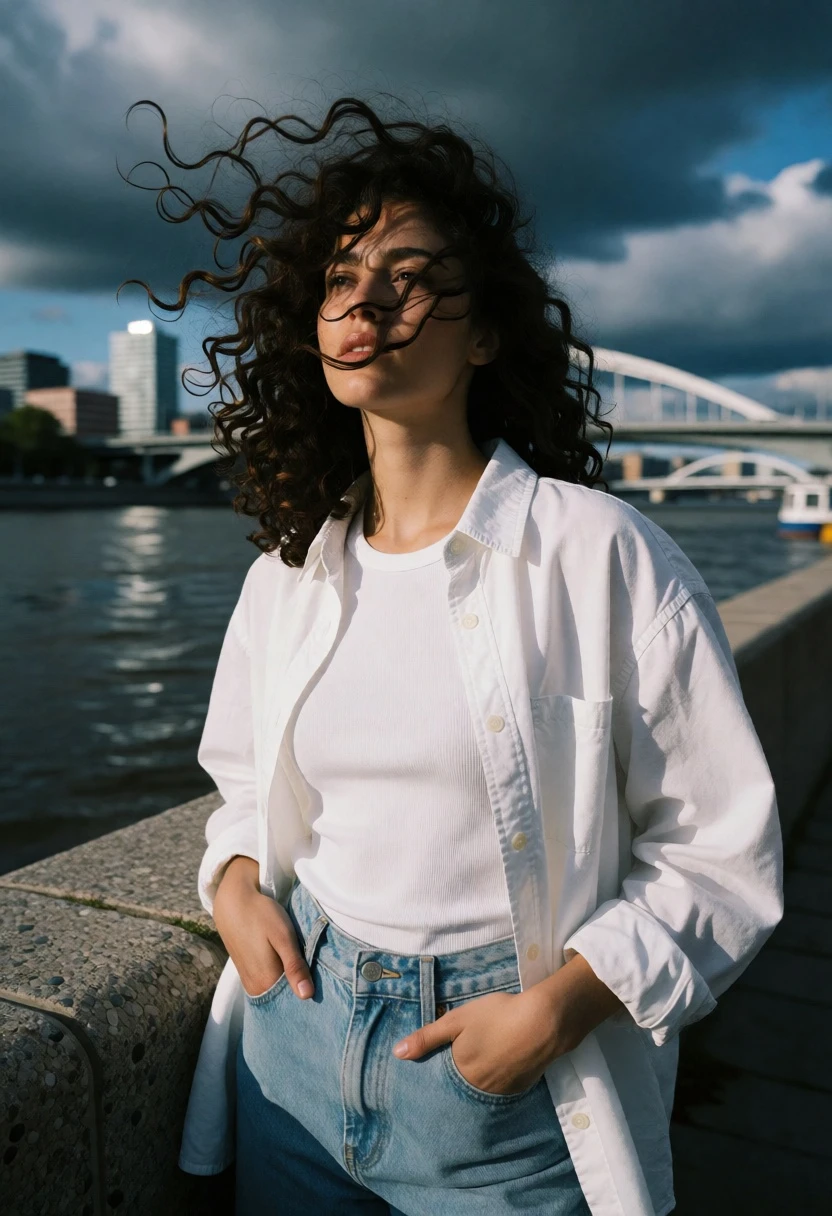 Woman standing on riverside promenade with wind blowing her curly hair - AI generated image prompt sample