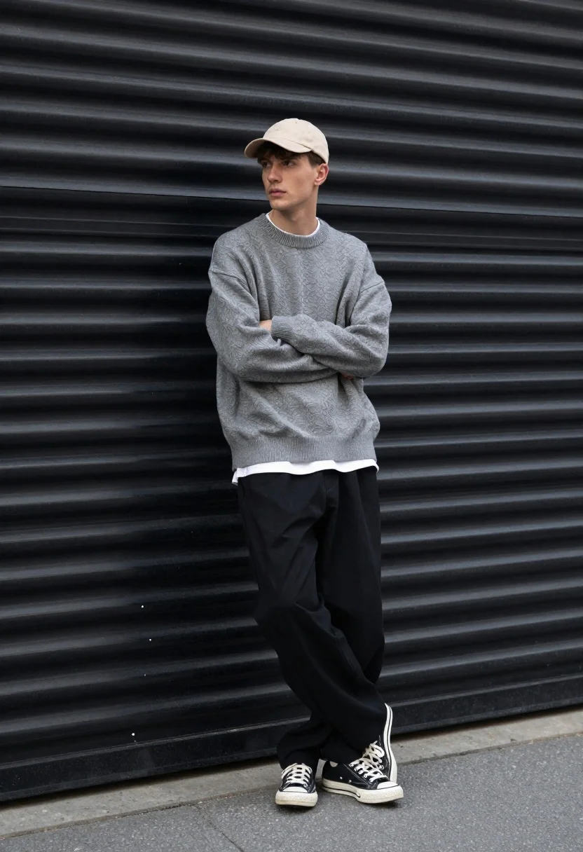 Young man in streetwear leaning against industrial garage door backdrop - AI generated image prompt sample