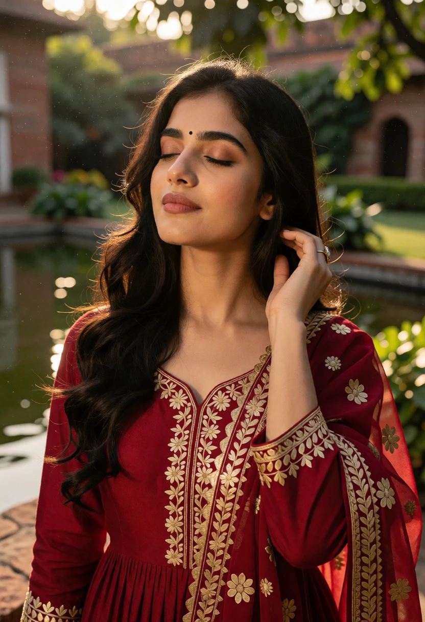 Serene portrait of woman in red traditional indian attire within a lush - AI generated image prompt sample