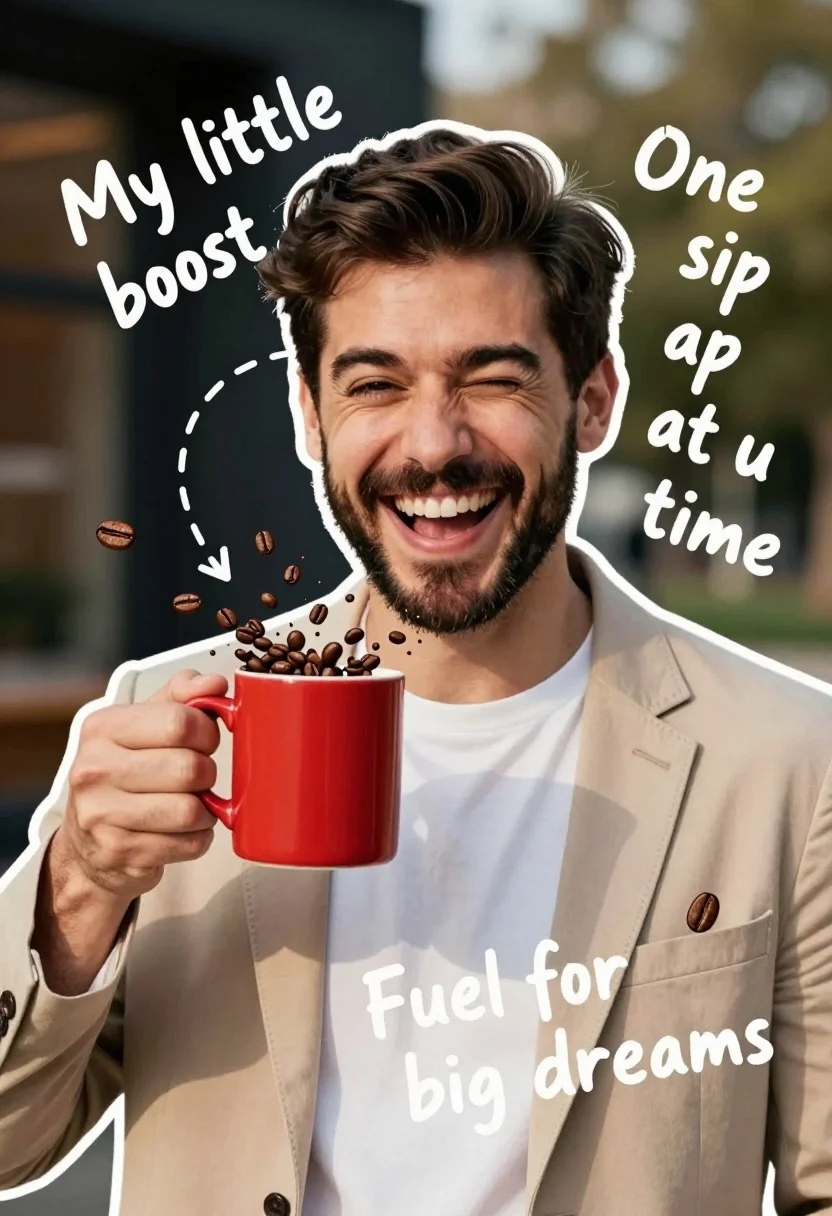 Joyful man winking while splashing coffee beans in comic book style - AI generated image prompt sample