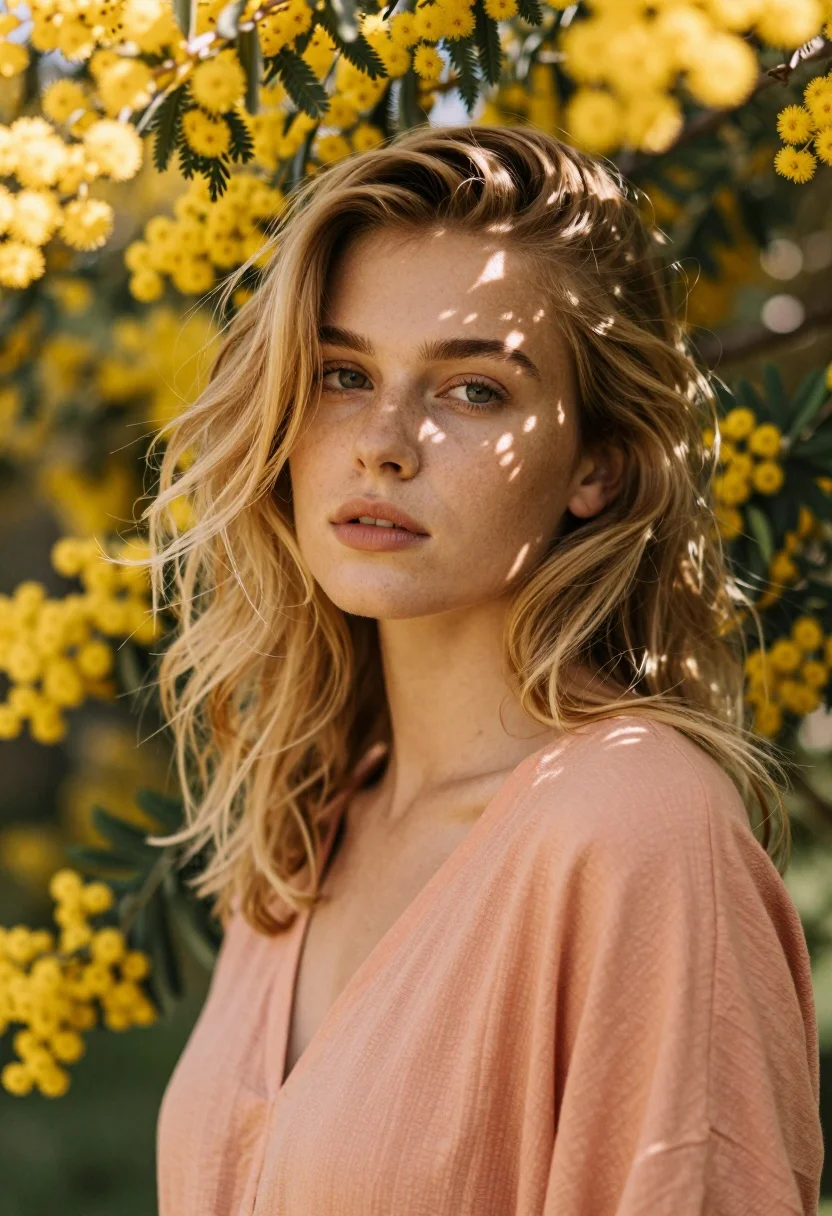 Close up portrait of blonde woman with freckles among yellow flowers - AI generated image prompt sample