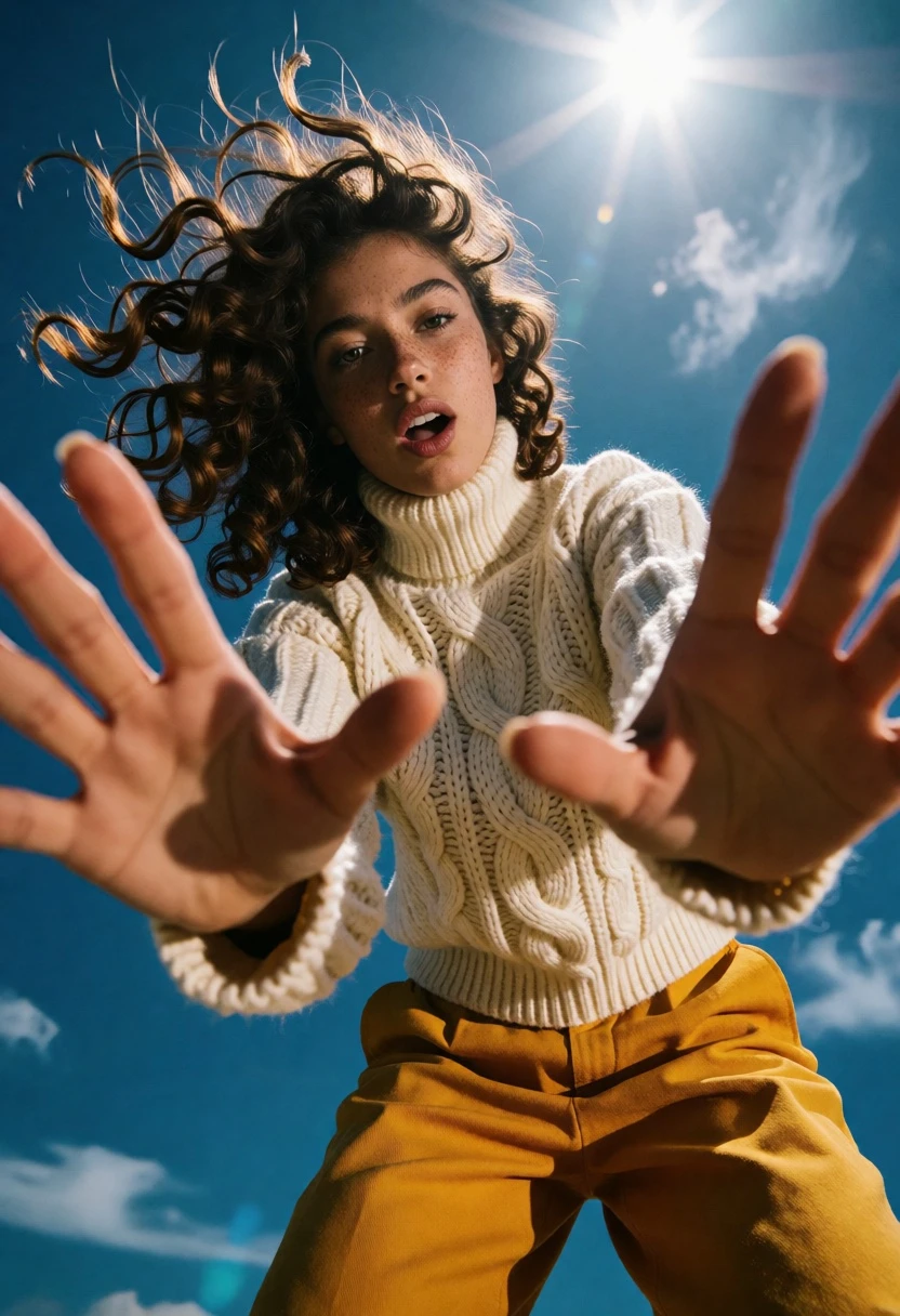 Low angle portrait of woman reaching against bright blue sky backdrop - AI generated image prompt sample