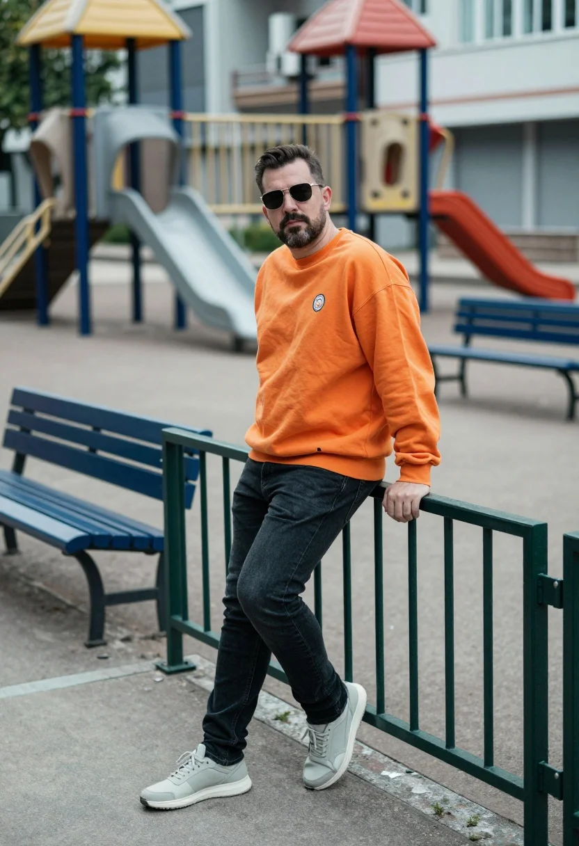 Man leaning against metal railing in urban playground setting during soft daylight - AI generated image prompt sample