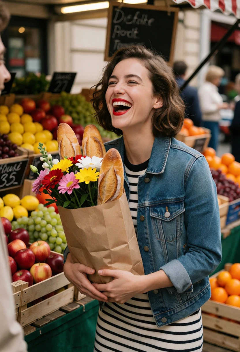 Joyful woman laughing at an outdoor market stall with flowers and bread - AI generated image prompt sample