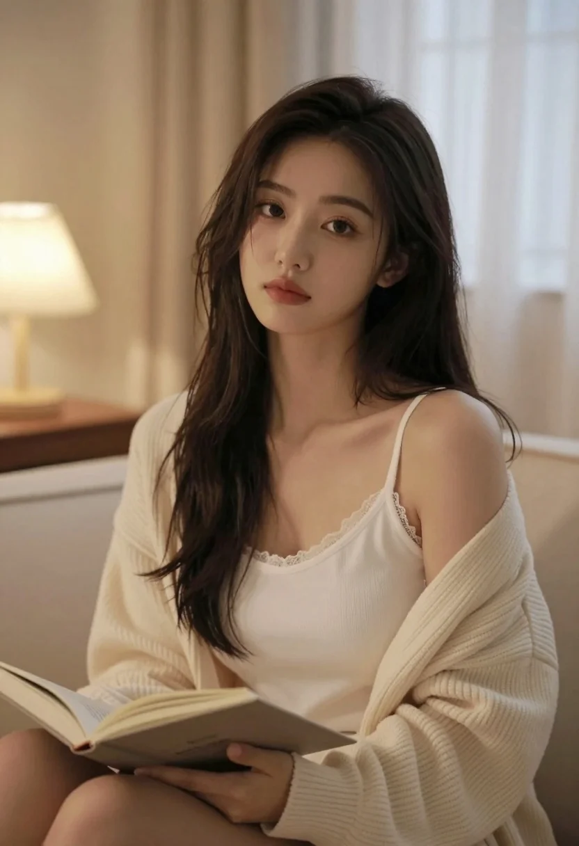 Young east asian woman in cream knit cardigan sitting in softly lit - AI generated image prompt sample