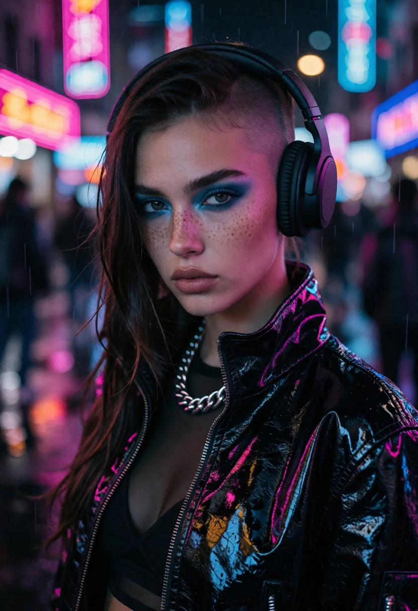 Photorealistic portrait of woman in leather jacket on wet neon street - AI generated image prompt sample
