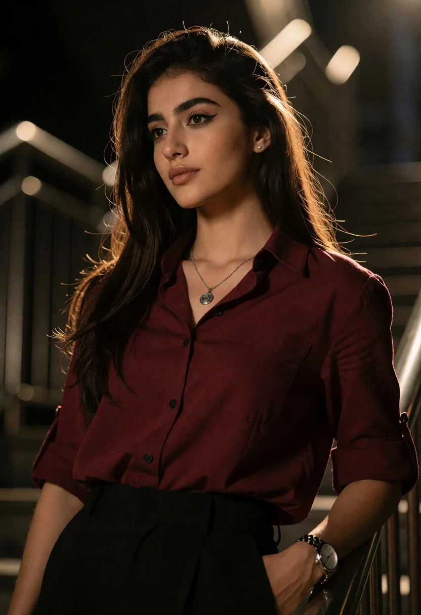 Young woman leaning on railing in dimly lit urban setting with rim - AI generated image prompt sample