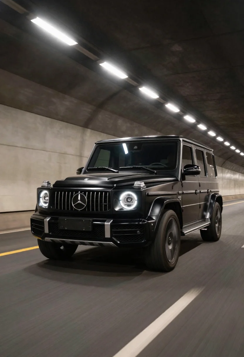 Black luxury suv driving through a concrete tunnel