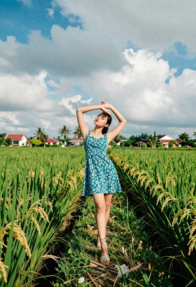 Young woman in teal dress standing in lush green rice paddy field
