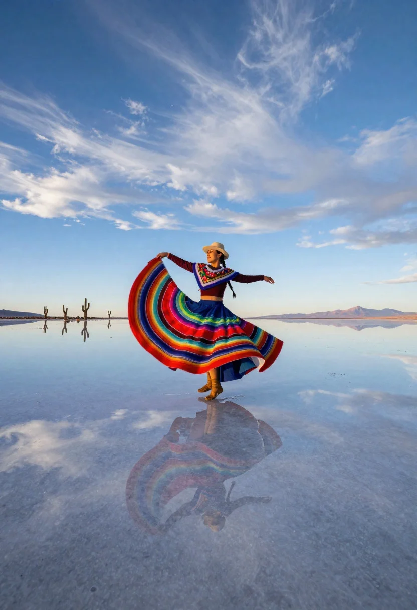 Nomadic woman dancer spinning on salar de uyuni mirror surface