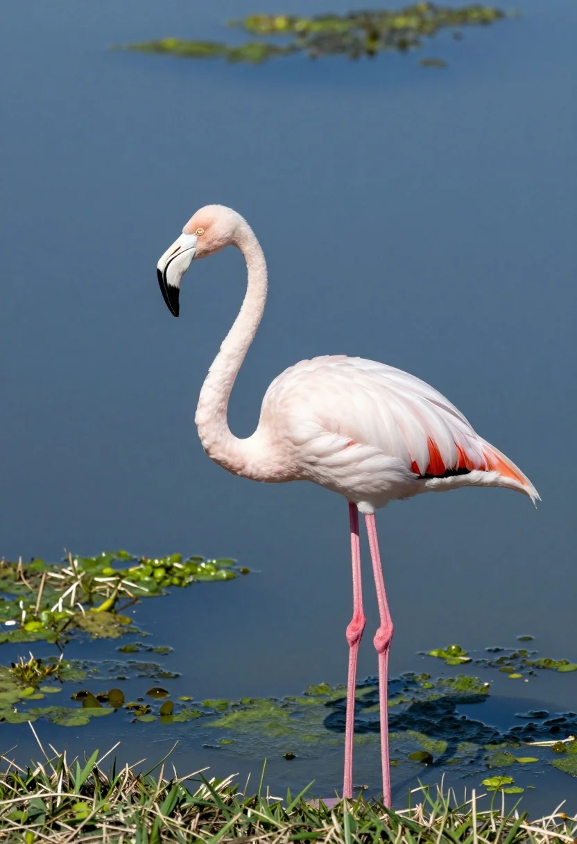 White flamingo standing in shallow blue water near grassy bank - AI generated image prompt sample
